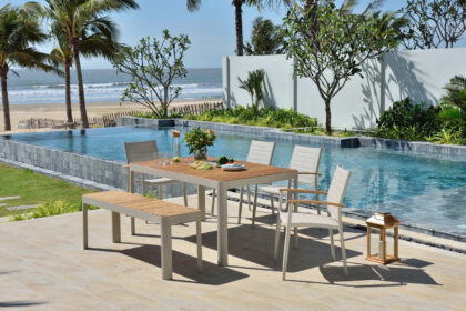 Matgrupp utomhus portals 161 cm + 2 bänkar - vit/trä