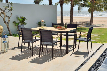 Matgrupp utomhus portals 161x95 cm + 6 karmstolar - teak/svart