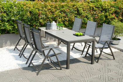 Matgrupp utomhus solana 201 cm + 6 positionsstolar - grå