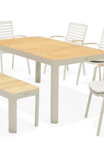 Matgrupp utomhus portals 161 cm + 4 karmstolar + bänk - teak/vit