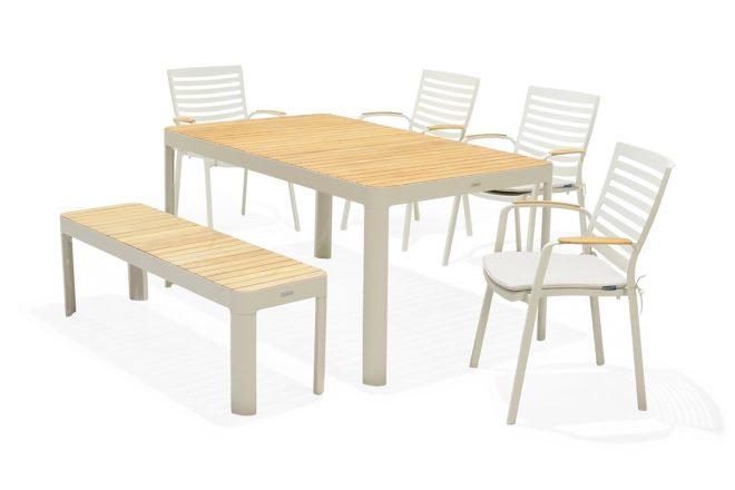 Matgrupp utomhus portals 161 cm + 4 karmstolar + bänk - teak/vit