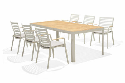 Matgrupp utomhus portals 209 cm + 6 karmstolar - teak/vit