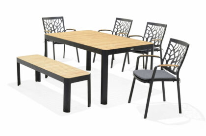 Matgrupp utomhus portals 161 cm + 4 karmstolar + bänk - svart/trä