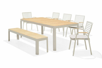 Matgrupp utomhus portals 209 cm + 5 karmstolar + bänk - teak/vit