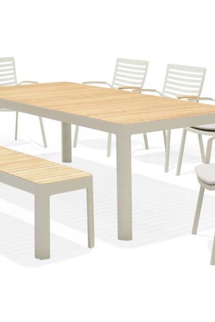 Matgrupp utomhus portals 209 cm + 5 karmstolar + bänk - teak/vit