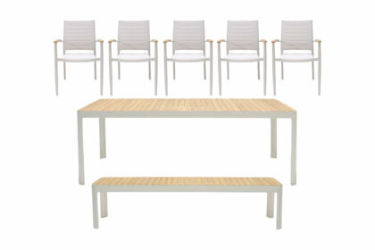 Matgrupp utomhus portals 209 cm + 5 karmstolar + bänk - vit/trä