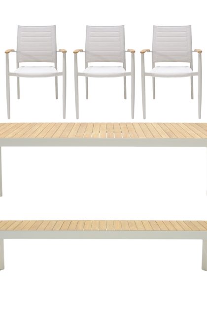Matgrupp utomhus portals 209 cm + 5 karmstolar + bänk - vit/trä