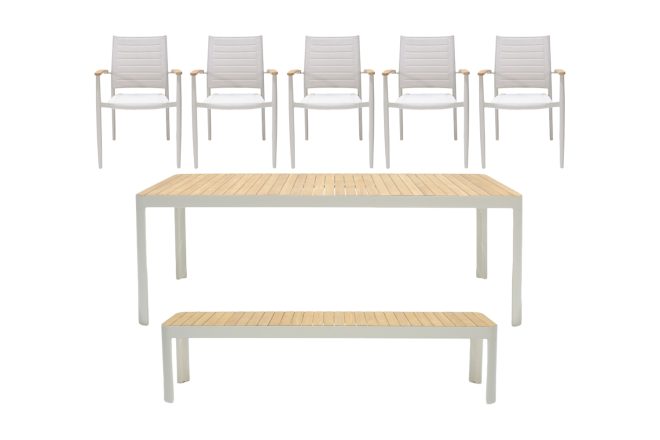 Matgrupp utomhus portals 209 cm + 5 karmstolar + bänk - vit/trä