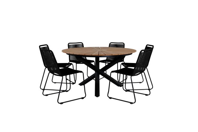 Mexico matgrupp utomhus rund Ø140cm + 6 lindos stapelbara matstolar - svart
