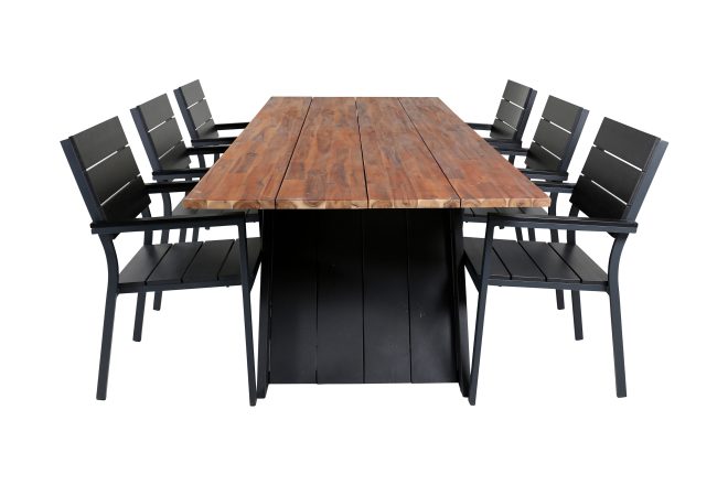 Doory matgrupp utomhus 250cm + 6 levels stapelbara matstolar - svart/brun