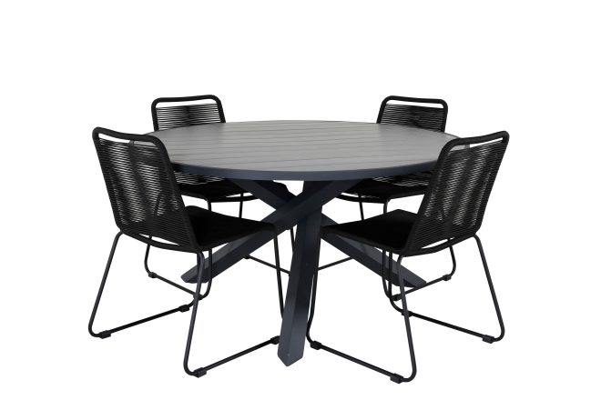Parma matgrupp utomhus rund Ø140cm + 4 lindos stolar - svart/grå