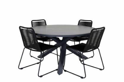 Parma matgrupp utomhus rund Ø140cm + 4 lindos stolar - svart/grå