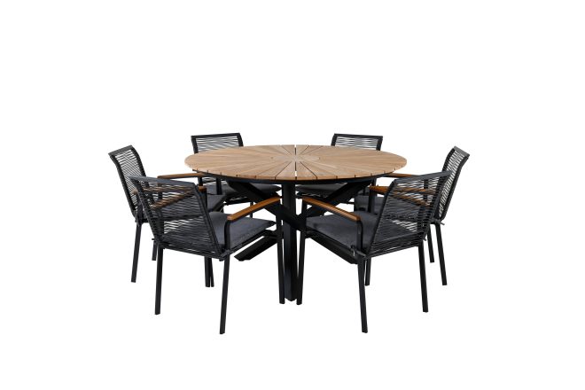 Mexico matgrupp utomhus rund Ø140cm + 6 dallas matstolar - svart