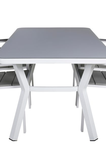 Virya matgrupp utomhus 160cm + 4 levels stapelbara matstolar - vit/grå