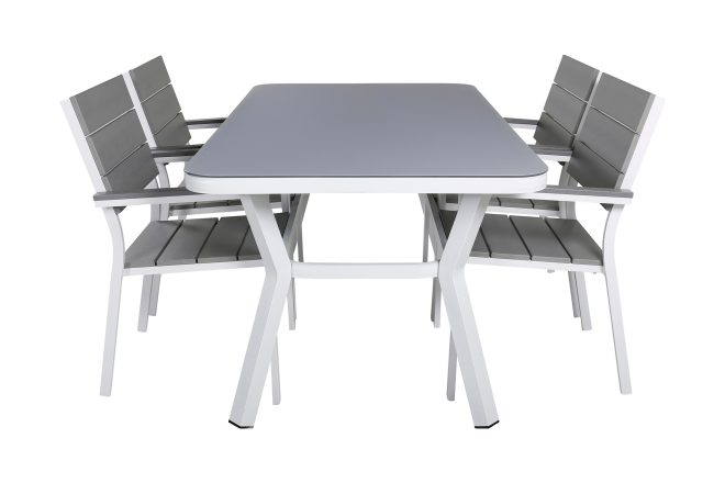 Virya matgrupp utomhus 160cm + 4 levels stapelbara matstolar - vit/grå