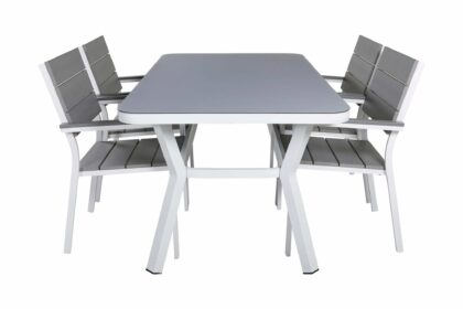 Virya matgrupp utomhus 160cm + 4 levels stapelbara matstolar - vit/grå
