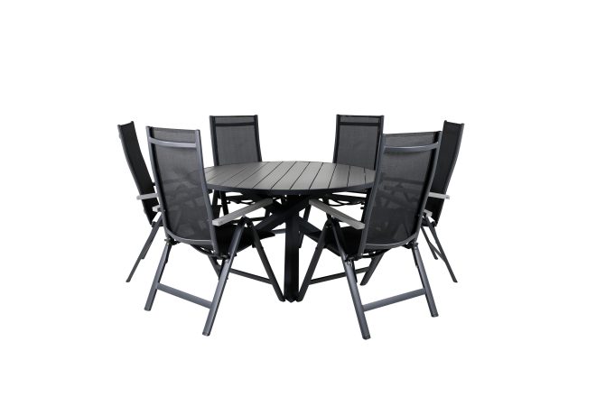 Parma matgrupp utomhus rund Ø140cm + 6 albany positionsstolar - svart/grå