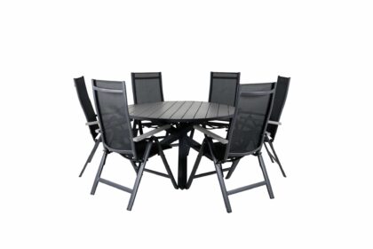 Parma matgrupp utomhus rund Ø140cm + 6 albany positionsstolar - svart/grå
