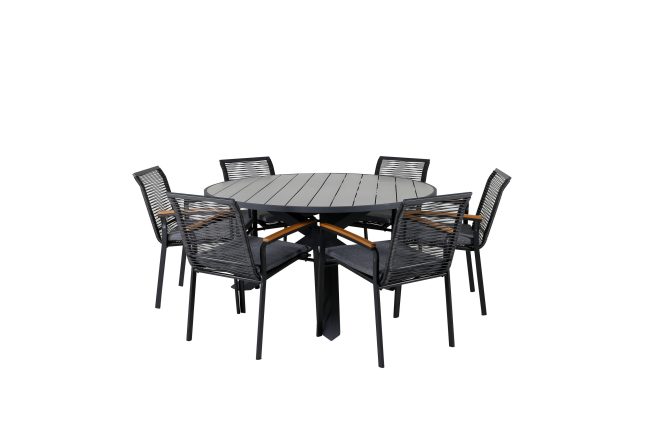 Parma matgrupp utomhus rund Ø140cm + 6 dallas matstolar - svart/grå