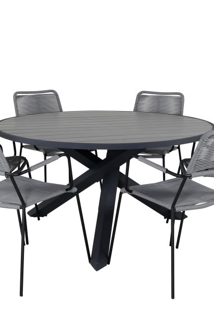 Parma matgrupp utomhus rund Ø140cm + 6 lindos karmstolar - svart/grå