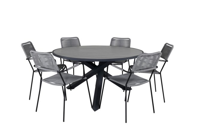 Parma matgrupp utomhus rund Ø140cm + 6 lindos karmstolar - svart/grå