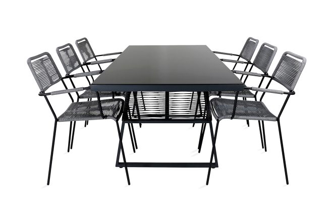 Dallas matgrupp utomhus 193cm + 6 lindos karmstolar - svart/grå