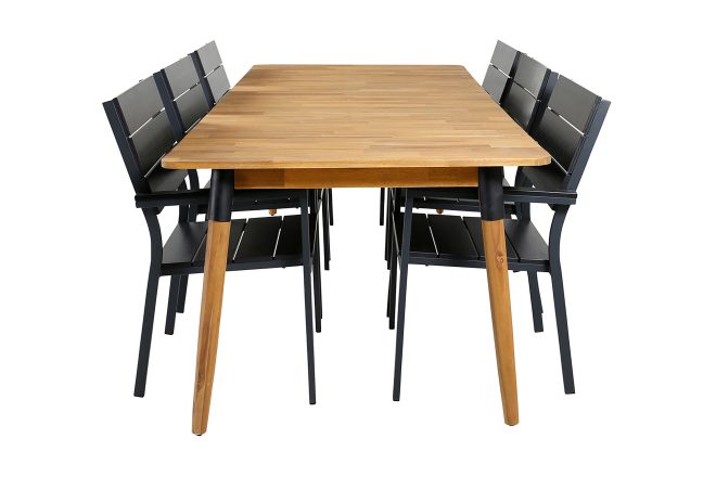 Julian matgrupp utomhus 210cm + 6 levels stapelbara matstolar - svart/brun