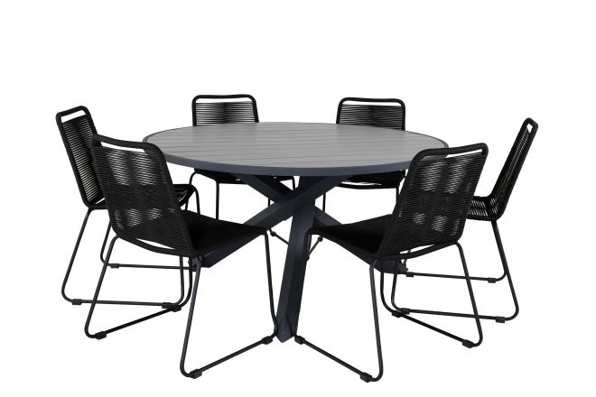 Parma matgrupp utomhus rund Ø140cm + 6 lindos stolar - svart/grå