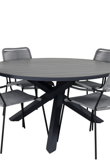 Parma matgrupp rund Ø140cm + 4 lindos karmstolar - svart/grå