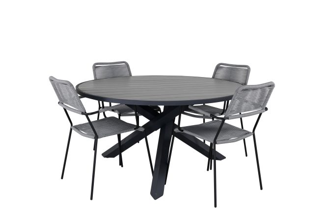 Parma matgrupp rund Ø140cm + 4 lindos karmstolar - svart/grå