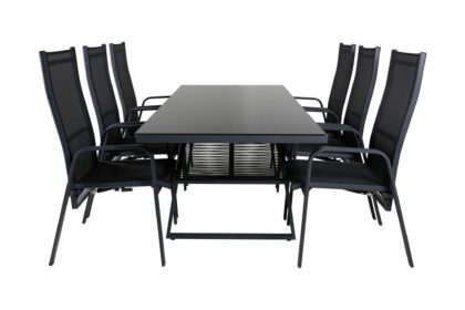 Dallas matgrupp utomhus 193cm + 6 copacabana reclinerstolar - svart/grå