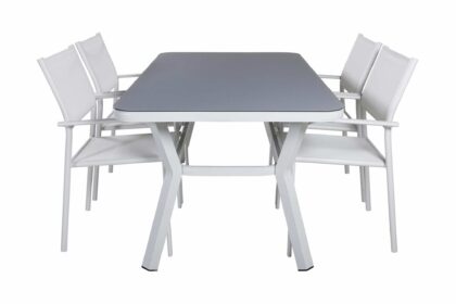 Virya matgrupp utomhus 160cm + 4 santorini karmstolar - vit/grå
