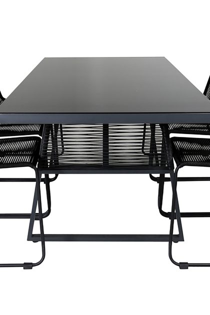 Dallas matgrupp utomhus 193cm + 6 lindos stapelbara matstolar - svart/grå