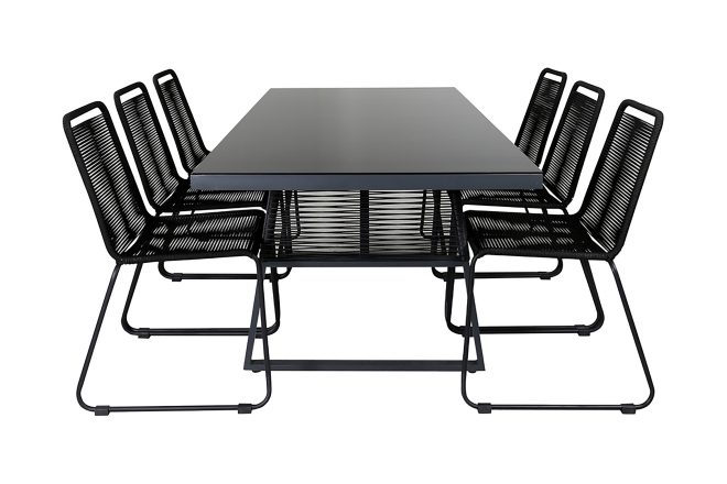 Dallas matgrupp utomhus 193cm + 6 lindos stapelbara matstolar - svart/grå