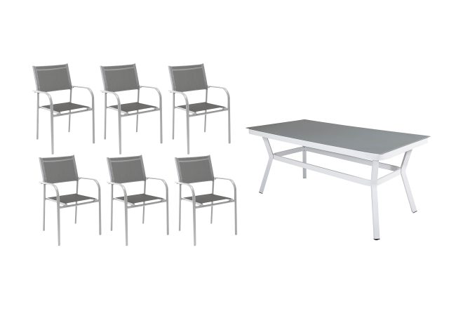 Virya matgrupp utomhus 200cm + 6 santorini karmstolar - vit/grå