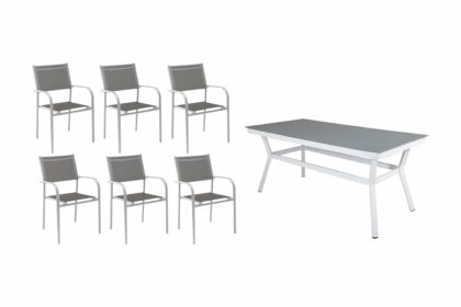 Virya matgrupp utomhus 200cm + 6 santorini karmstolar - vit/grå
