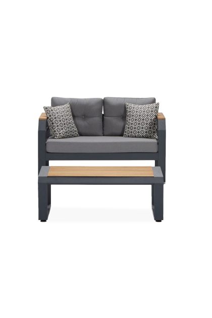 Caféset lassento 137 cm + 2-sits utesoffa + 2 utefåtöljer - grå/svart