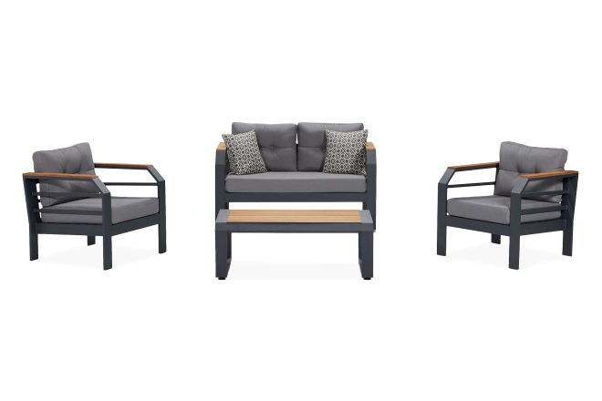 Caféset lassento 137 cm + 2-sits utesoffa + 2 utefåtöljer - grå/svart