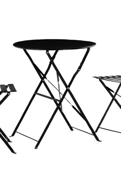 Caféset brunshuse 60 cm rund + 2 klappstolar utomhus - svart