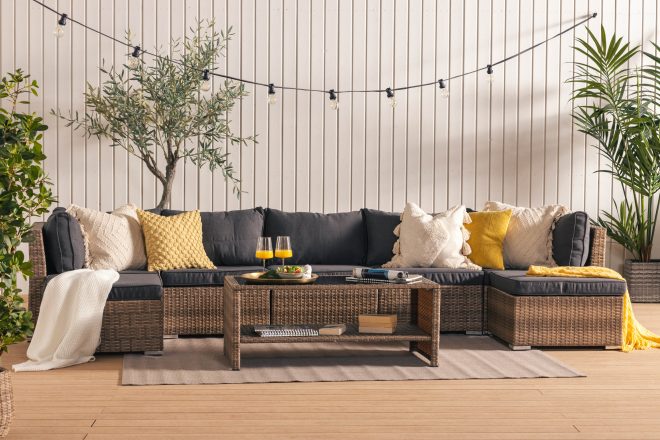 Loungegrupp utomhus wisconsin premium 7-sits - glas/konstrotting/sand/svart