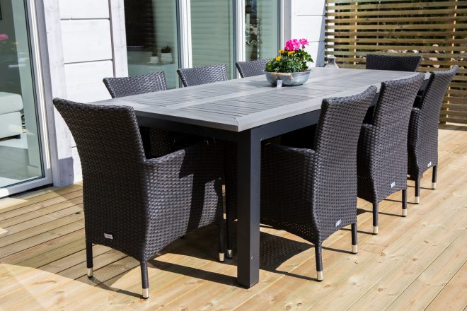 Albany förlängningsbar matgrupp utomhus 224-324cm + 10 malin utestolar - svart/grå