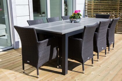 Albany förlängningsbar matgrupp utomhus 224-324cm + 10 malin utestolar - svart/grå