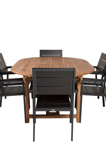 Kenya matgrupp 180-240x120 cm + 6 levels stapelbar stol - svart/brun
