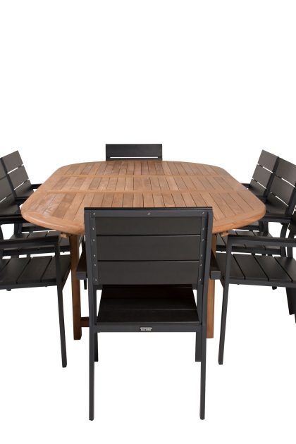 Kenya matgrupp utomhus 180-240x120 cm + 8 levels stapelbar stol - svart/brun