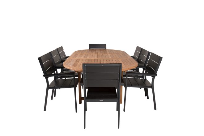 Kenya matgrupp utomhus 180-240x120 cm + 8 levels stapelbar stol - svart/brun