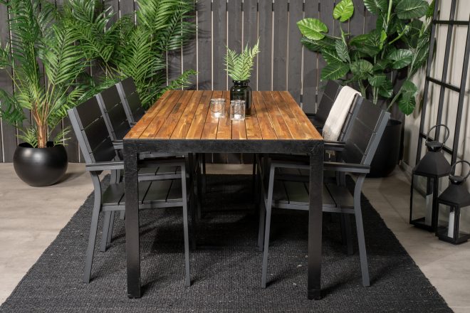 Bois matgrupp utomhus 200cm + 6 levels stapelbara matstolar - svart