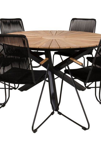 Mexico matgrupp utomhus rund Ø140cm + 6 bois karmstolar - svart/natur