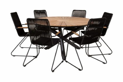Mexico matgrupp utomhus rund Ø140cm + 6 bois karmstolar - svart/natur