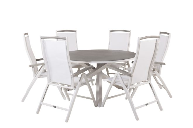 Copacabana matgrupp rund Ø140cm + 6 albany positionsstolar - grå/vit