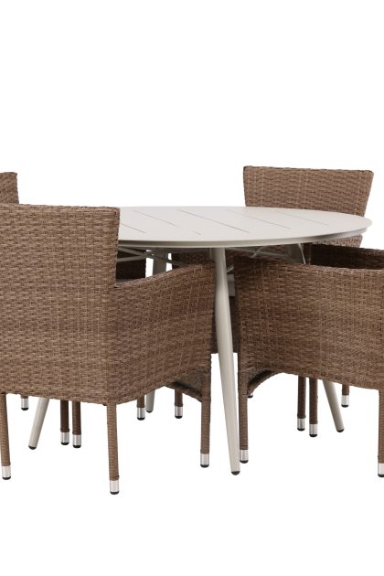 Lina matgrupp utomhus rund 120 cm + 4 st malina karmstolar - brun/vit